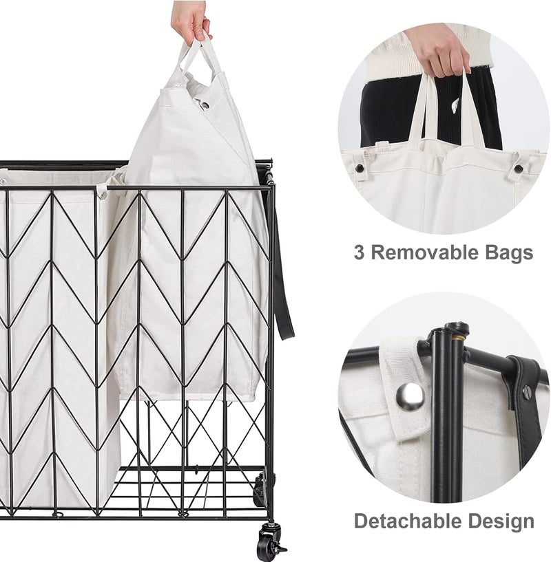 WOWLIVE Laundry Basket with Wheels, 142L Laundry Hamper 3 Section with Lid, Dirty Clothes Hamper with Removable Bags, Large Capacity Iron-Made Laundry Basket Organizer Laundry Sorter for Dorm, Beige - Image 5
